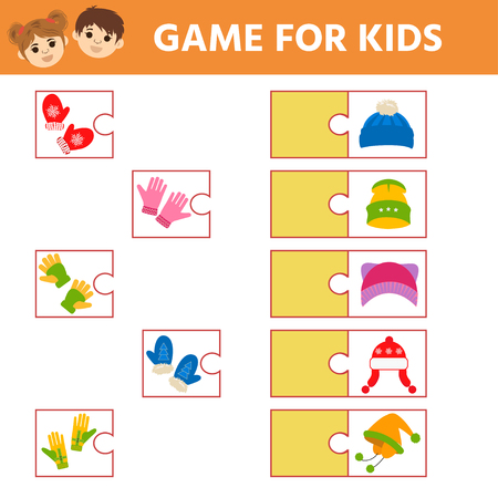 Educational children  logic game. Find a match. Pick up a set of gloves to the hat.  Activity for pre school years kids and toddlers. Vector illustrationのイラスト素材