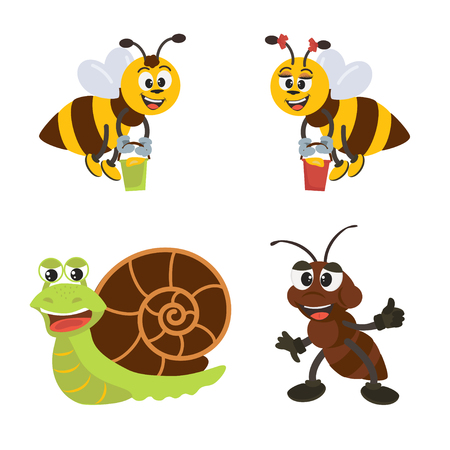 Cute insects ant,  snail, bees cartoon character set.  Vector illustration with isolated characters for decor and design.のイラスト素材