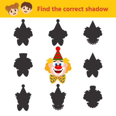 Education logic game for preschool kids. Find the correct shadow of the clown. Children funny riddle entertainment.  Vector illustrationのイラスト素材