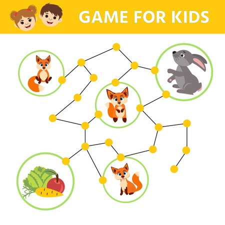 Maze children game. help hare go through the labyrinth and find carrot, cabbage and an Aapple. Kids activity sheet. Children funny riddle entertainment.のイラスト素材