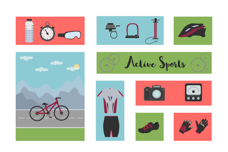 Set for bike, bicycle  banner, outfit and form for cycling. Vector illustrationのイラスト素材