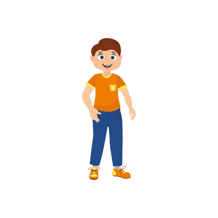 Vector cute little boy in cartoon style. Vector illustration boy can use for presents, invitation, children room, nursery decor, interior design.のイラスト素材