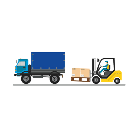 Delivery services concept. Delivery truck. Vector illustration. Forklift. Courier loads the boxes in the truck. Car for parcel delivery.のイラスト素材