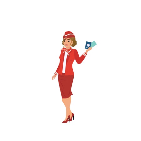Stewardess. Flight attendant with luggage and passport. Vector illustration isolated on white background. Travel and Tourism Concept.のイラスト素材