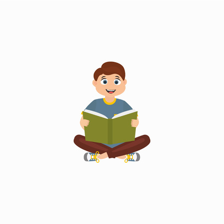 Cute boy is reading a green book. Vector illustration cartoon character.のイラスト素材