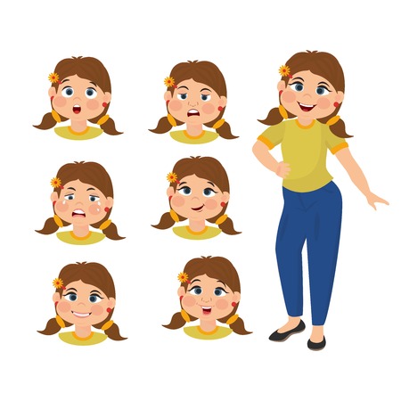 Cute girl character with various views, face emotions. Funny cartoon and vector character.のイラスト素材