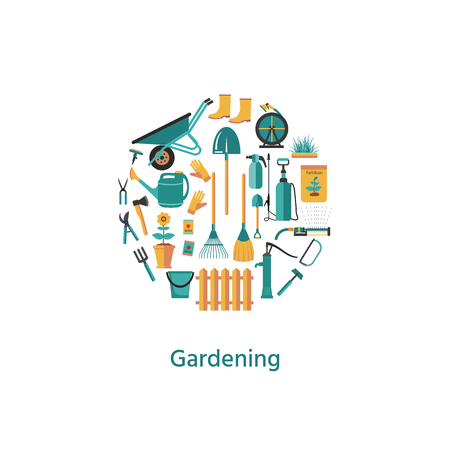 Set of various colorful gardening tools. Flat design illustration of items for gardening and farming . Vector illustration.のイラスト素材