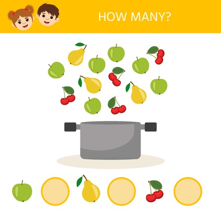 Education logic game for preschool kids. Kids activity sheet. Count how many fruits.  Children funny riddle entertainment. Vector illustrationのイラスト素材