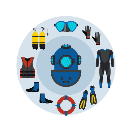 Diving set of equipment elements. Underwater activity. Aqualung, oxygen cylinders, flashlight,  mask, flippers, gloves. Vector Illustration.のイラスト素材