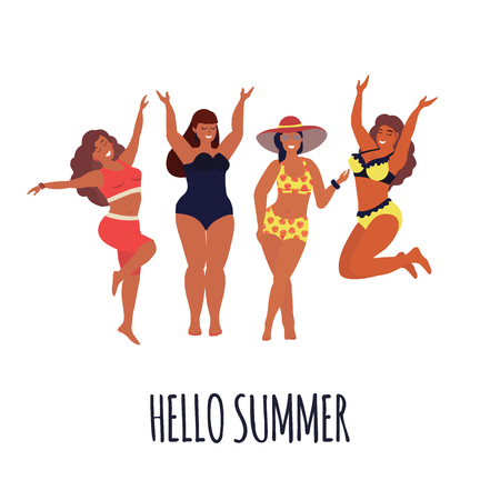 Hello summer. Body positive concept. Cute plus size girls in swimsuit. Vector illustration.のイラスト素材