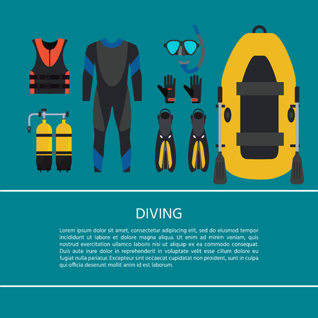 Scuba diving equipment collection. Underwater activity. Aqualung, oxygen cylinders,  flashlight, snorkel and mask, flippers, gloves,  boat. Vector Illustration.のイラスト素材