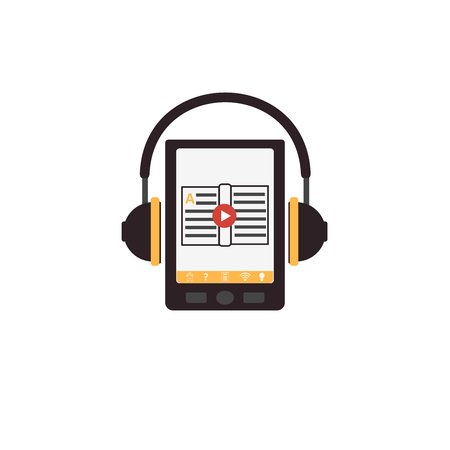 Audiobook icon. Tablet or smartphone with the app on the screen in the form of an open book  and headphones. Vector illustrationのイラスト素材