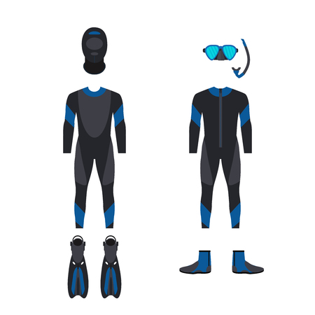 Underwater activity. Set of equipment elements, aqualung, diving mask, snorkel and flippers.  Vector illustration  isolated on white backgroundのイラスト素材