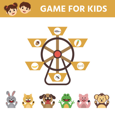Vector Illustration. Make the right choice and connect the dots cartoon cute animal with their food. Educational children's game. のイラスト素材