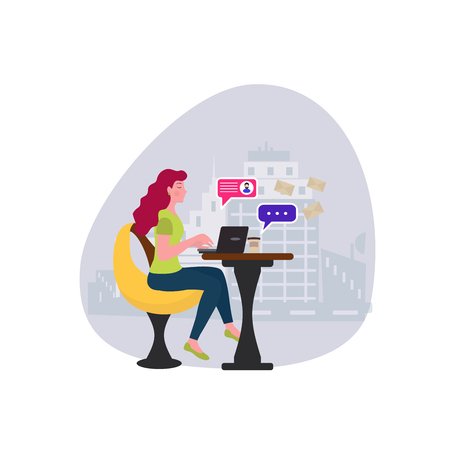 Online chat concept. A cute girl sitting at cafe chatting online on laptop.  Freelancer, blogging concept. Vector illustration can use for web page, template, mobile appのイラスト素材