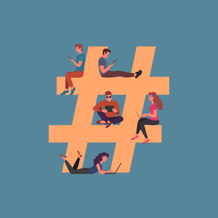 Concept of symbol hashtag. Vector illustration can use for social media marketing advertising, blogging, media planning, promotion in social network in flat styleのイラスト素材