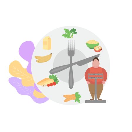 Fat obese man on scales and doctor showing obesity deseases.  Flat tiny persons concept diet chart. Obesity health problem. Overweight treatment concept.のイラスト素材