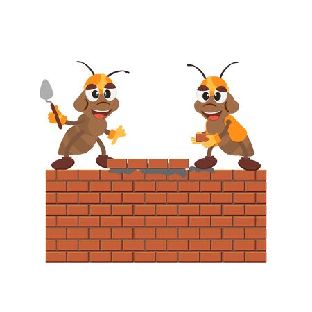 Two ant's builders holds trowel and layings a brick wall.  Vector illustration cartoon character  isolated on white background.のイラスト素材