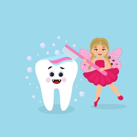 Cute tooth fairy girl with toothbrush, cartoon character.  Dental medicine hygiene. Vector illustrationのイラスト素材