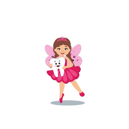 Cute tooth fairy girl holding big tooth cartoon character.  Dental medicine hygiene. Vector illustrationのイラスト素材