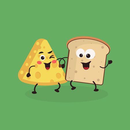 Cute kawaii cheese and piece of bread for icon or logo. Friends forever. Simple vector illustration  can be used for sticker, patch, phone case, poster, t-shirt, mug and other designのイラスト素材