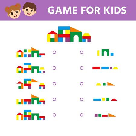 Educational game for children. Visual puzzl. Match the pictures of toy towers to their blocks. Game tasks for attention. Kids activity sheetのイラスト素材