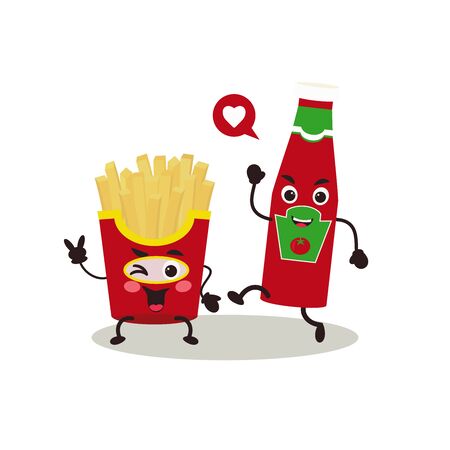 French fries character with ketchup isolated on white background. Simple vector illustration  can be used for sticker, patch, phone case, poster, t-shirt, mug and other design.のイラスト素材