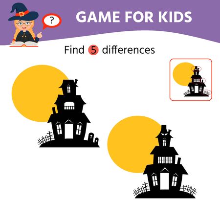 Find 5 differences on pictures. Educational  matching children game with answer. Halloween theme. Cute little witch girl vectorのイラスト素材