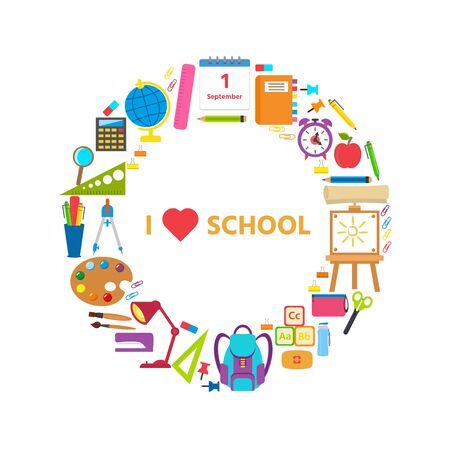 Set of school supplies and elements. Back to school concept. Vector illustration can use print templates and leaflets with stationery equipment. School and education cards, posters or bannersのイラスト素材