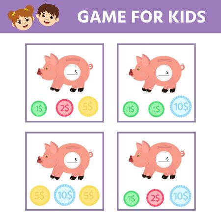 Matching education game for kids. Count the coins in piggy bank. Activity sheet. An evolving economic game for preschoolers. Vector illustrationのイラスト素材