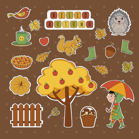 Set of cute autumn stickers. Kawaii little girl, umbrella, hedgehog, fly agaric, umbrella, hare, pumpkin, cloud, leaves. Vector cartoon illustration can use for kids decor, print, card, sticker kitのイラスト素材