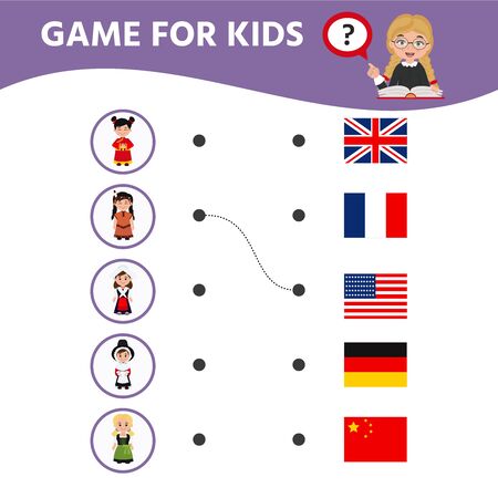 Education game for children. Match of national costumes and flags. Activity sheet for pre s?hool years kids.のイラスト素材