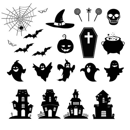 Vector illustration of set of halloween element with pumpkin, witch on a broomstick, pot of potion, ghosts and bats. Illustration can use for kids decor, print, card, sticker kitのイラスト素材