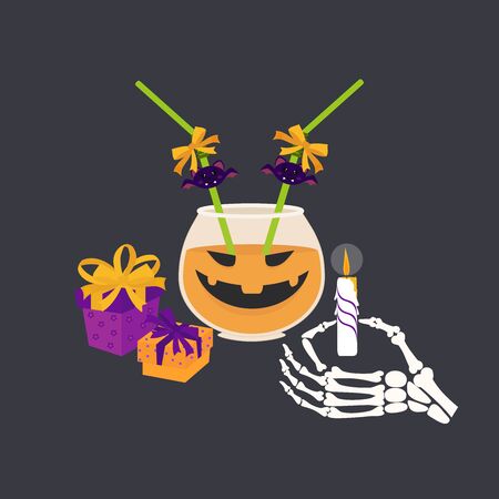 Halloween cocktail with pumpkin, eyes, skeleton and bats. Stylish design for menu, prints, poster, invitation, party decoration.のイラスト素材
