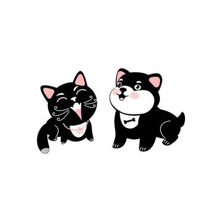 Black cat and dog. Cute cartoon character. Kawaii animal.  Vector illustration can use card, t-shirt print, nursery decorのイラスト素材