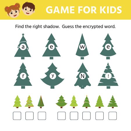 Games for children. Educational worksheet for kids. Find the right shadow.  Guess the encrypted word. Christmas treeのイラスト素材