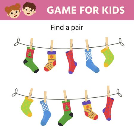 Game for children. Find a pair of matching socks.  Preschool worksheet activity for kids. Children funny riddle entertainment. Vector illustration のイラスト素材