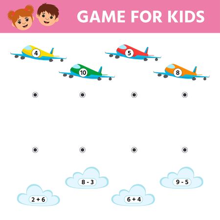 Game for kids. Match the pictures. Cartoon airplanes. Solve examples, help the airplane find your a cloud. Education developing worksheet. Vector illustrationのイラスト素材