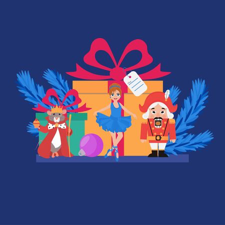 New Year and Christmas elements, gifts, christmas tree, balls, ballerina, nutcracker. Vector illustration for Christmas banners, cards, flyers, posters, covers, web page.のイラスト素材