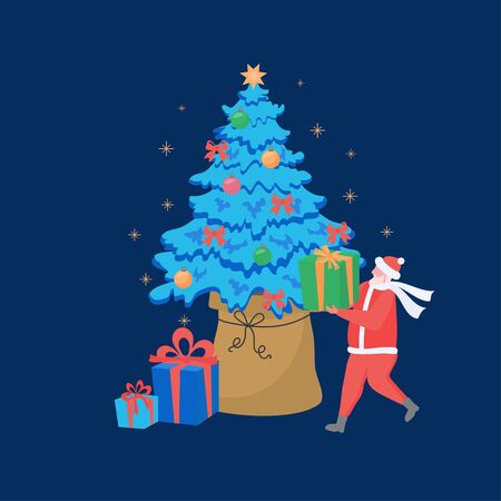 Small people are preparing for the New Year and Christmas and decorate Christmas tree. Vector illustration can use for web banner, card, web page.のイラスト素材