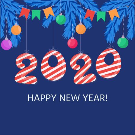 Happy New Year 2020. New Year and Christmas elements, christmas tree, balls, garland. Vector illustration can use for the design of  banners, flyers, cardのイラスト素材