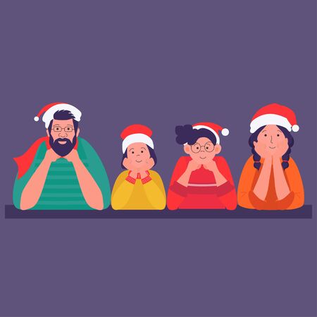 Happy family on Christmas day posing for portrait with Santa Claus hats. Vector illustration can use for greeting card, banner, poster, web pageのイラスト素材