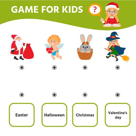 Education logic game for preschool kids. Kids activity sheet. Holidays. Children funny riddle entertainment. Vector illustrationのイラスト素材