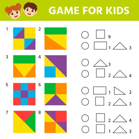 Education logic game for preschool kids. Kids activity sheet. Find the match of what shapes the square consists of. Children funny riddle entertainment. Vector illustrationのイラスト素材