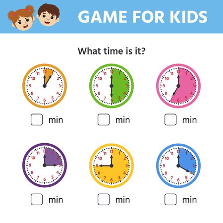 Game for children. Educational worksheet for preschool kids. Puzzle with clock and numbers. What time is it? Vector illustrationのイラスト素材