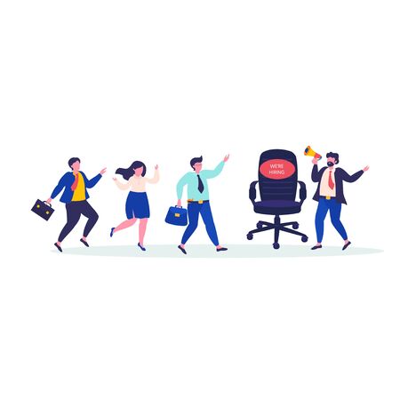 Hiring and Recruitment Concept with small people. People Searching Job, online interview, recruitment agency service template. Company manager hiring a new employeeのイラスト素材