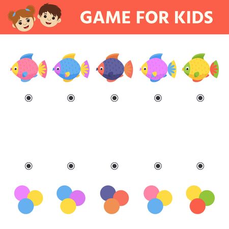 Education logic game for preschool kids. Illustration of cute color fish. Preschool worksheet activity. Children funny riddle entertainment. のイラスト素材