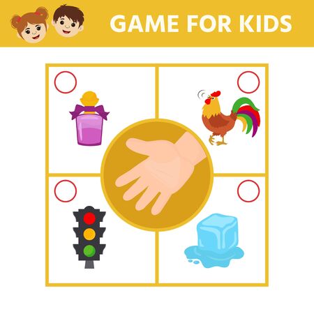 Educational worksheet for kids. Game for Kids to Compare and Connect Objects and Shadows. The picture of senses and objects - touch, taste, hearing, sight, smellのイラスト素材