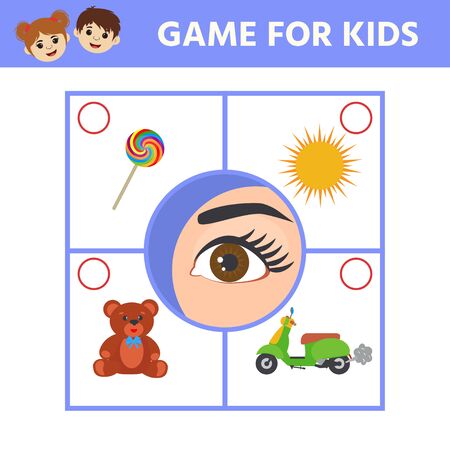 Educational worksheet for kids. Game for Kids to Compare and Connect Objects and Shadows. The picture of senses and objects - touch, taste, hearing, sight, smellのイラスト素材