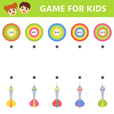 Education logic game for preschool kids. Kids activity sheet. Match of hit the target. Solve an example. Children funny riddle entertainment.のイラスト素材